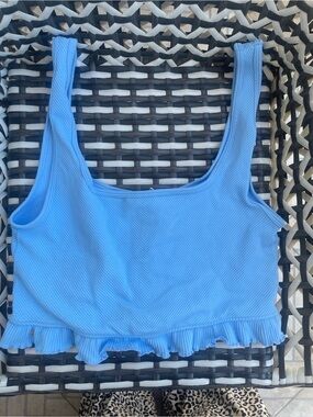 Zara Blue Ribbed Ruffle Hem Crop Tank Top